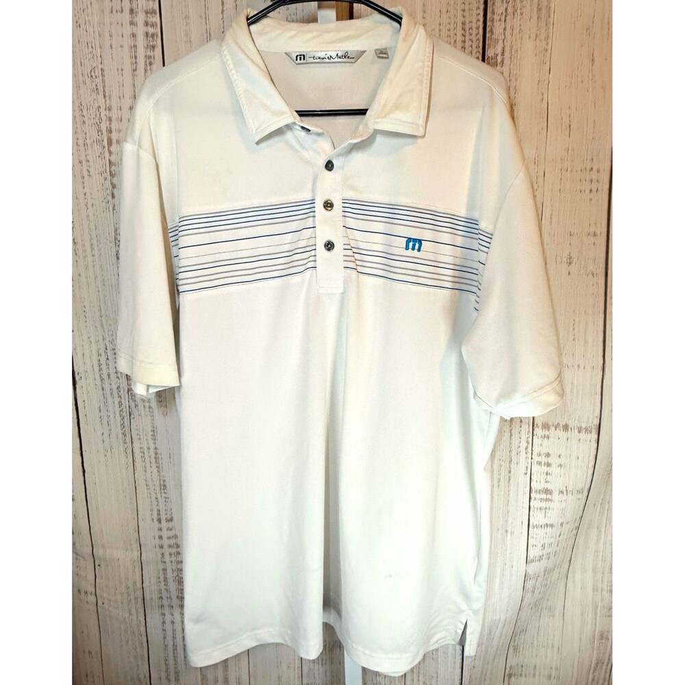 TravisMathew Polo Shirt Men’s XL White Blue Stripe Short Sleeve Stretch Logo